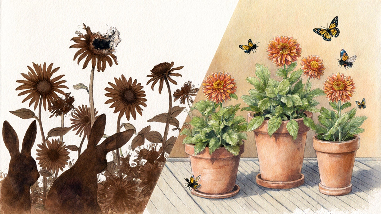 Split garden scene: zinnias being eaten on the left, thriving in pots on the right.