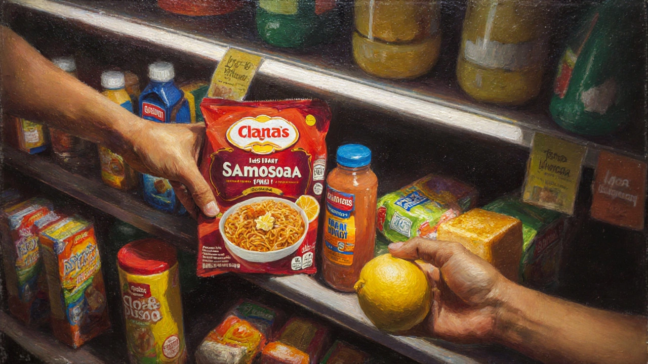 Supermarket shelf with ultra-processed foods under bright lights, one hand reaching for a snack while another holds fresh lemon and jaggery.