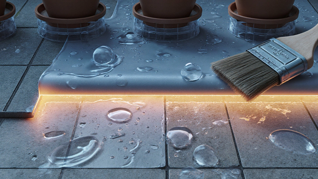 Transparent cross-section of a terrace showing waterproof coating applied over tiles, elevated pots, and escaping moisture.