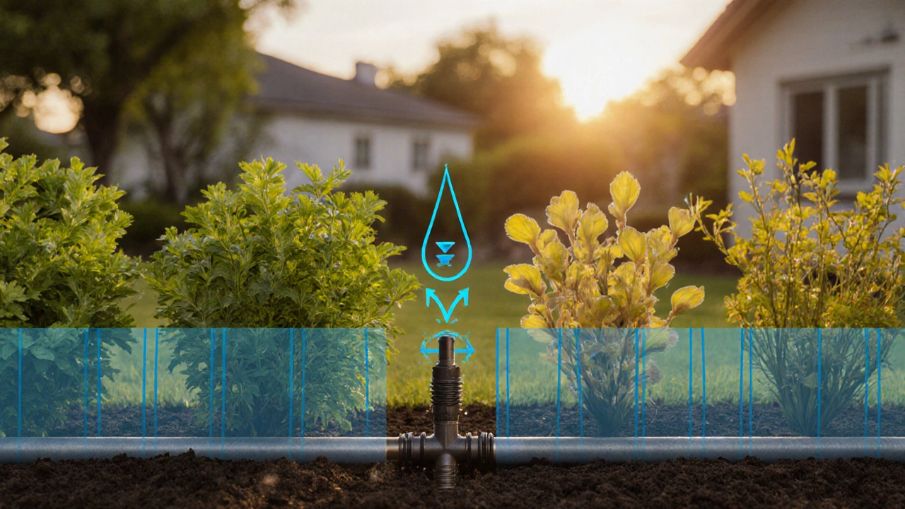 Uneven watering in drip system: thriving plants next to wilted ones due to pressure drop.