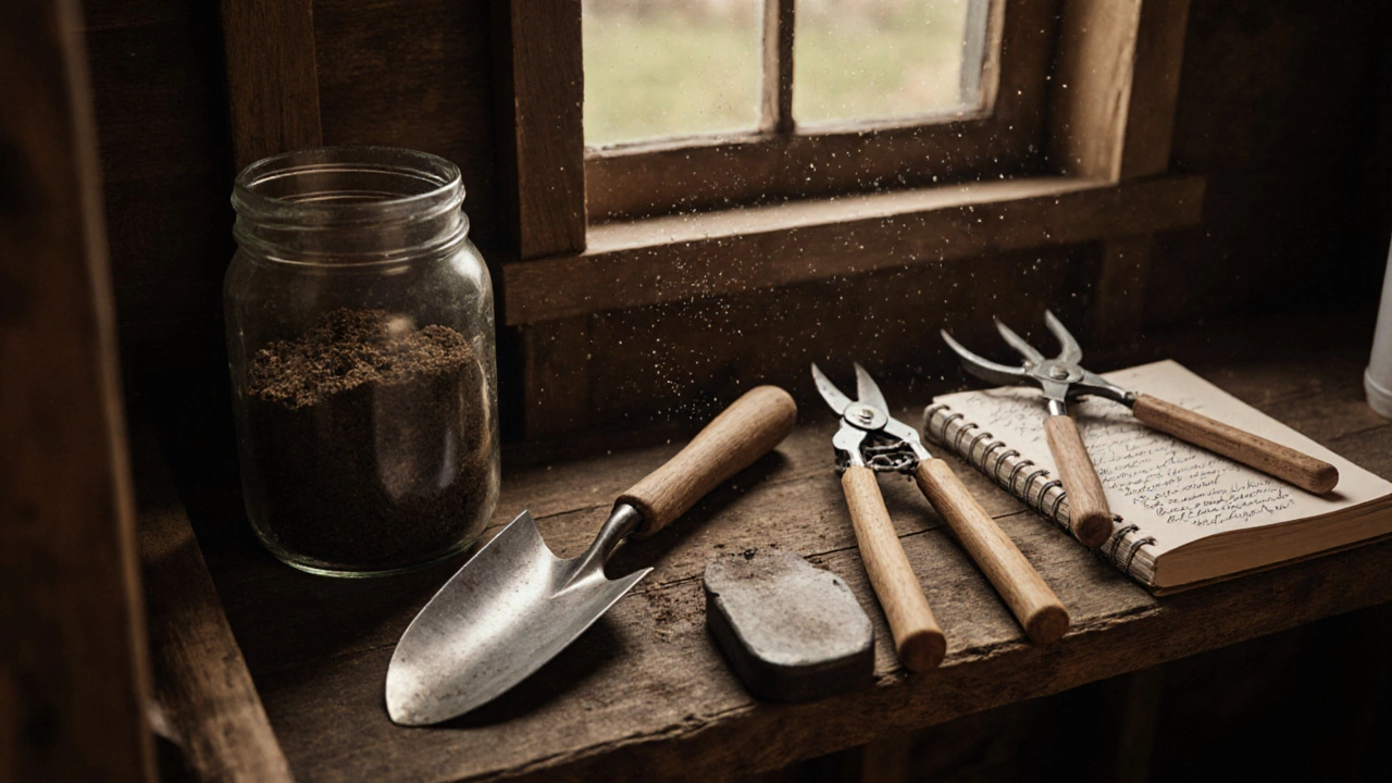 Well-maintained gardening tools laid out neatly in a dry shed with compost and notes.