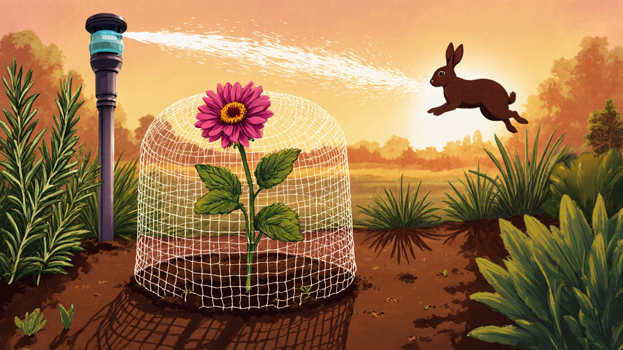 Zinnia protected by a chicken wire cage, with herbs and a motion-activated sprinkler nearby.