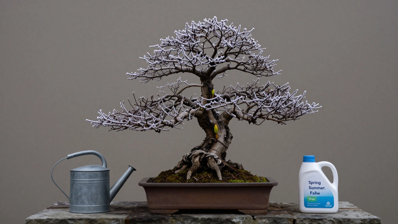 A dormant bonsai with frost and a single new bud emerging in winter.