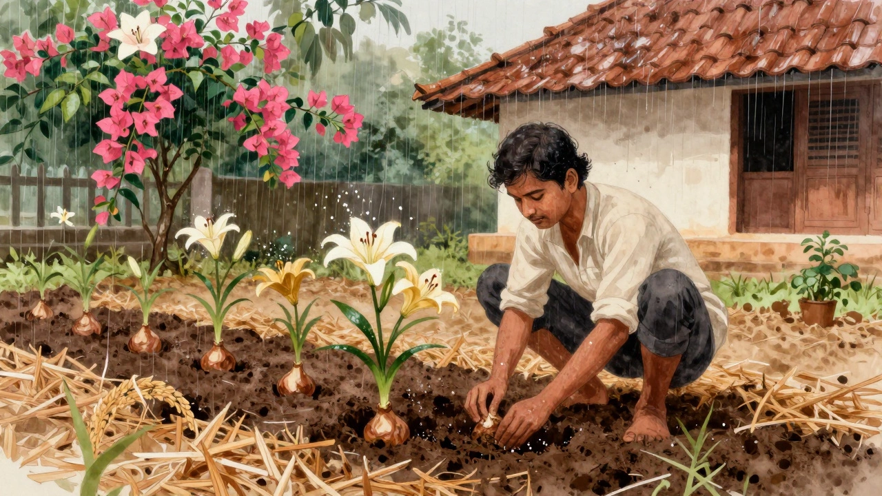 A gardener plants lily bulbs in moist soil after the first monsoon shower in Kerala.