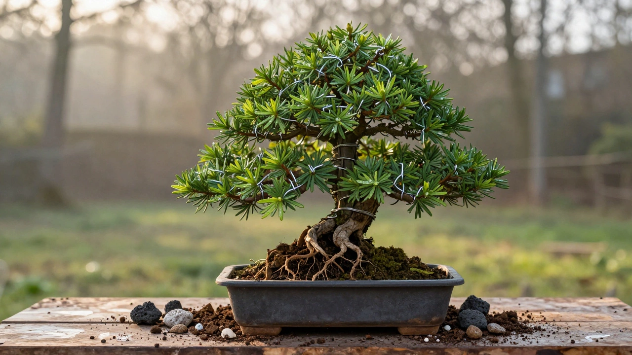 A juniper bonsai being repotted with specialized soil and wiring tools.
