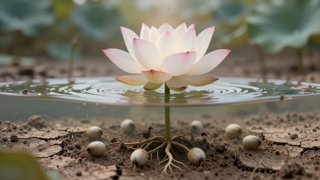 A lotus rising from muddy soil into a glowing bloom, symbolizing resilience and spiritual emergence.