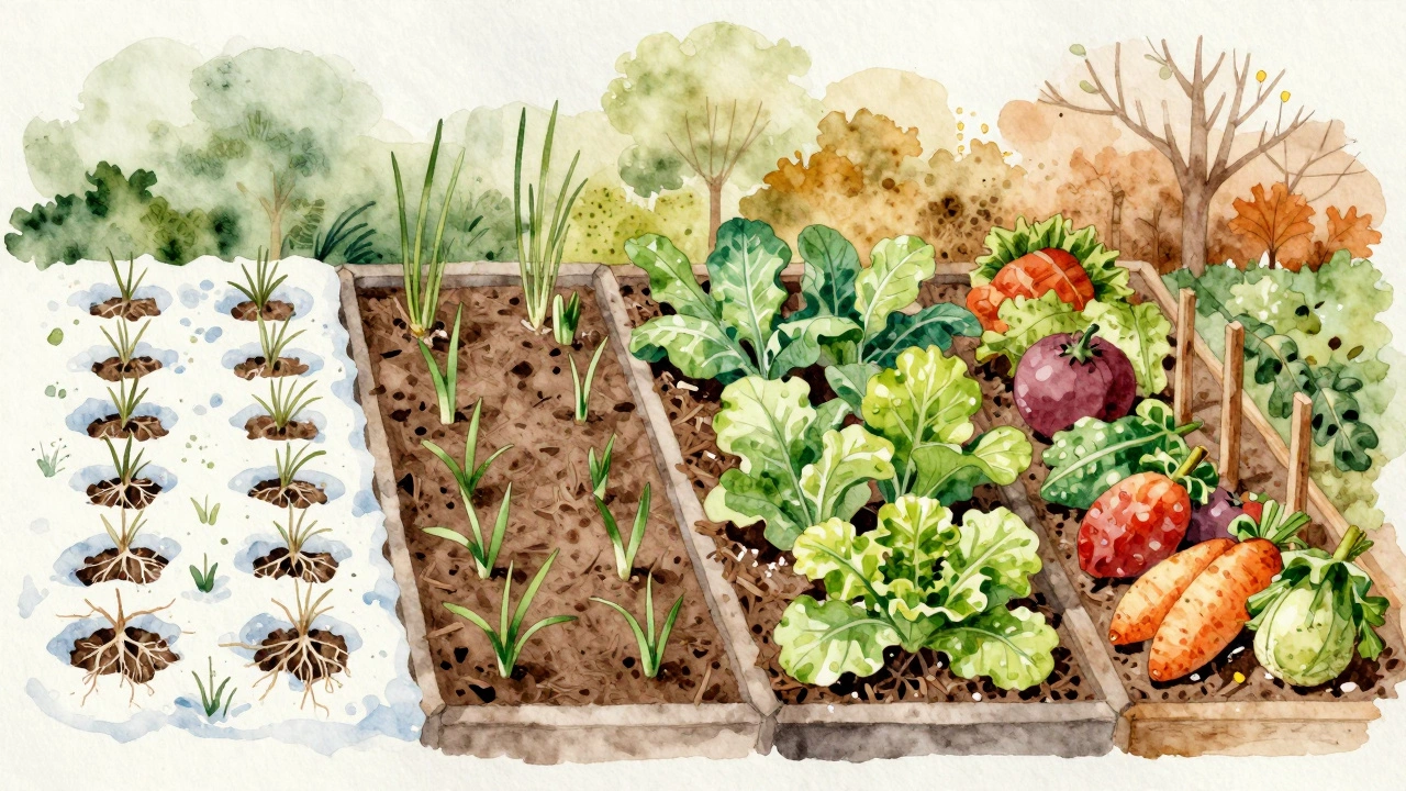 A seasonal cycle of perennial vegetables thriving through spring to autumn.