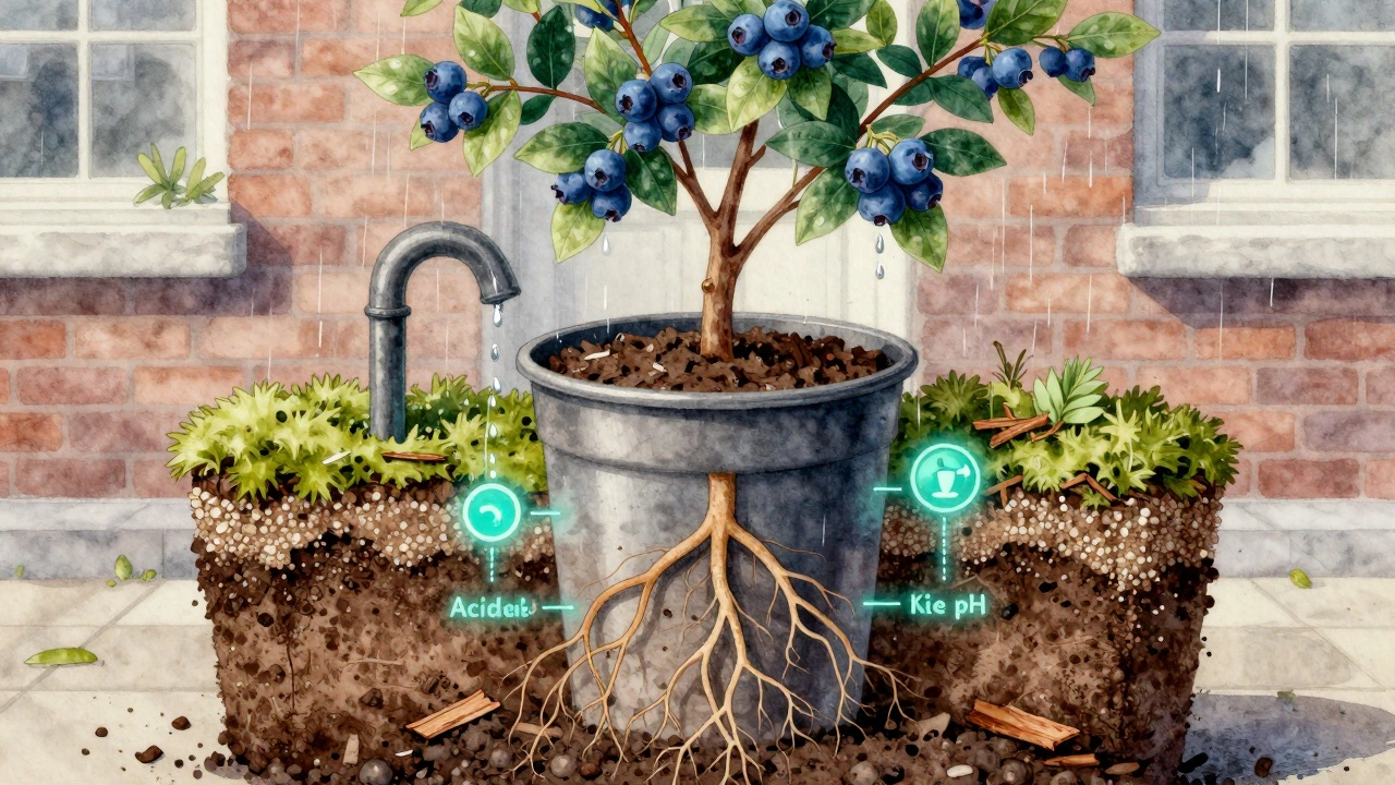 Conceptual view of blueberry roots in acidic soil mix with rainwater dripping above.
