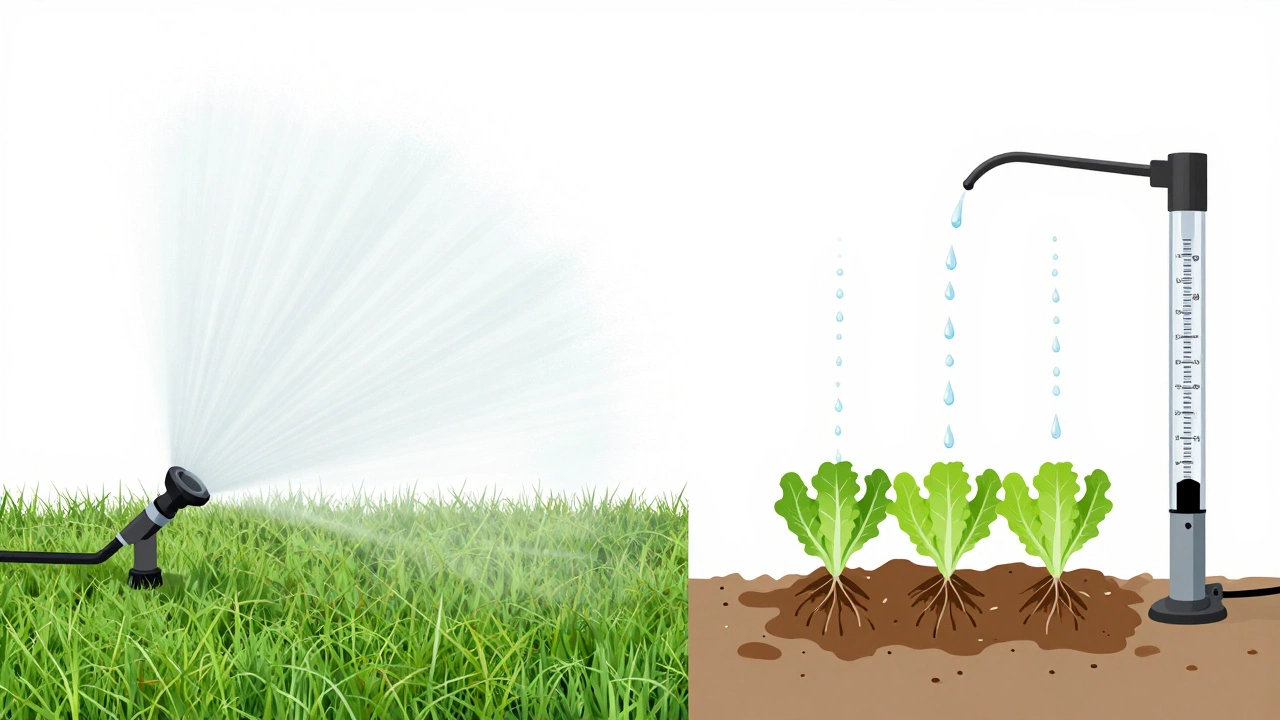 Contrast between wasteful sprinkler and efficient drip irrigation water use.