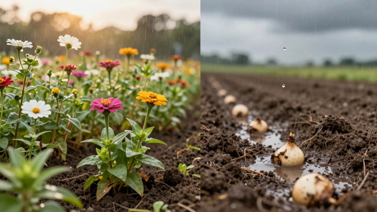 Contrasting image: thriving flowers on one side, rotting bulbs in waterlogged soil on the other.