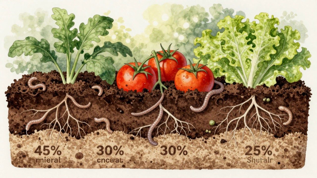 Cross-section of rich topsoil layers in a raised bed with worms and plant roots thriving.