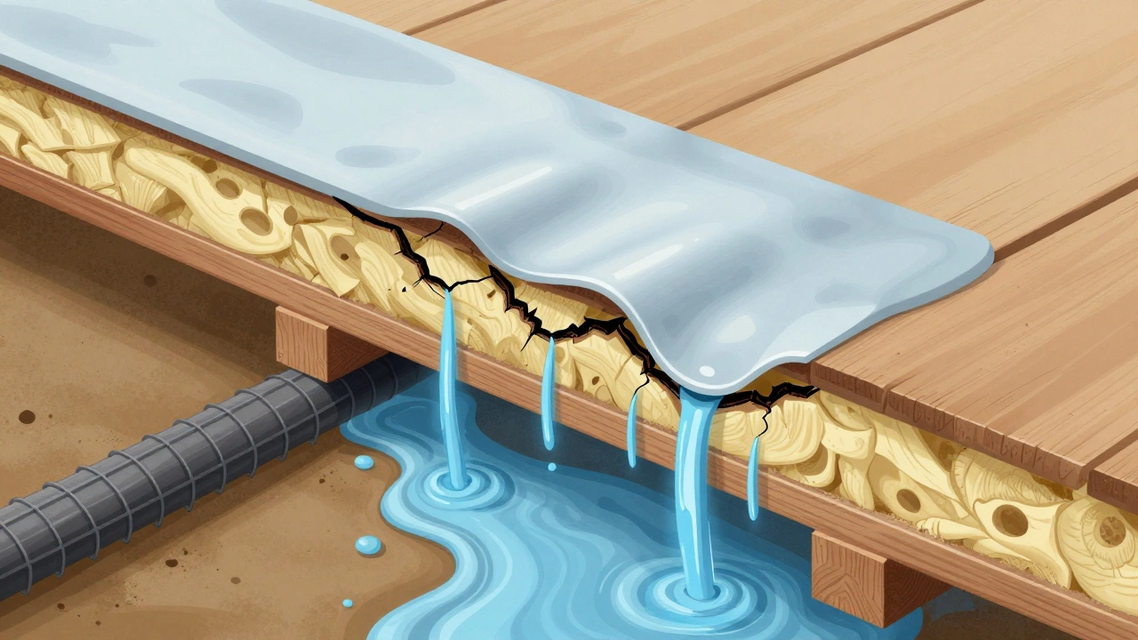 Cross-section showing water seeping through cracks versus a protective waterproof membrane barrier.