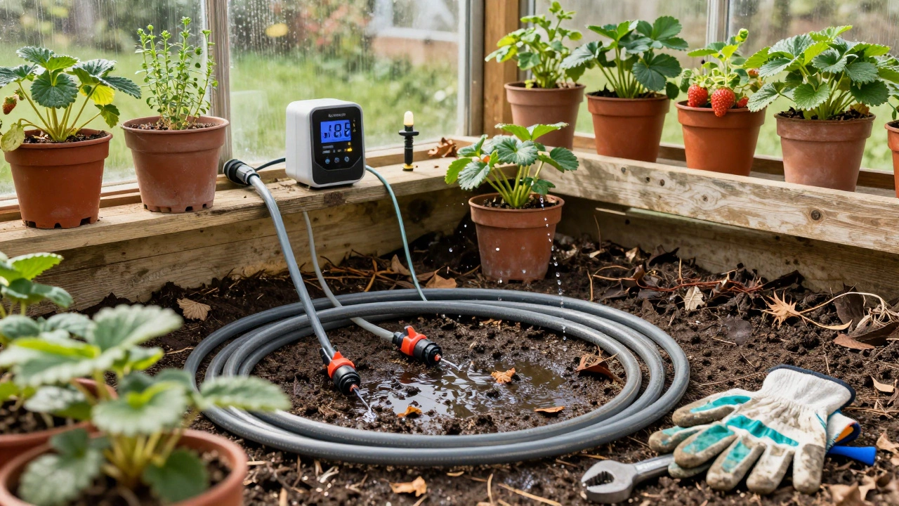 Greenhouse plants watered by drip system with timer, dry leaves and moist soil visible.