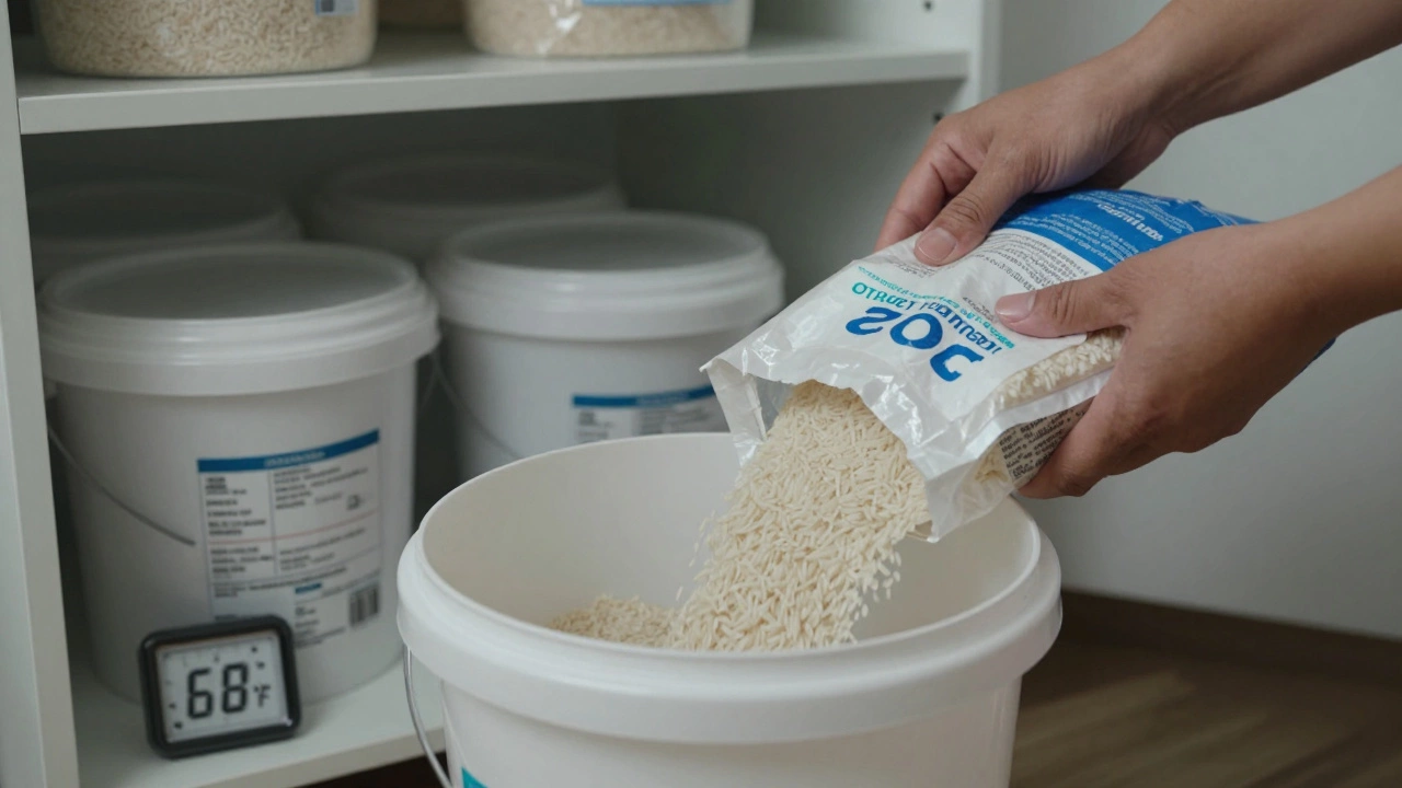 Hand pouring white rice into a bucket while placing an oxygen absorber beside it in a pantry.
