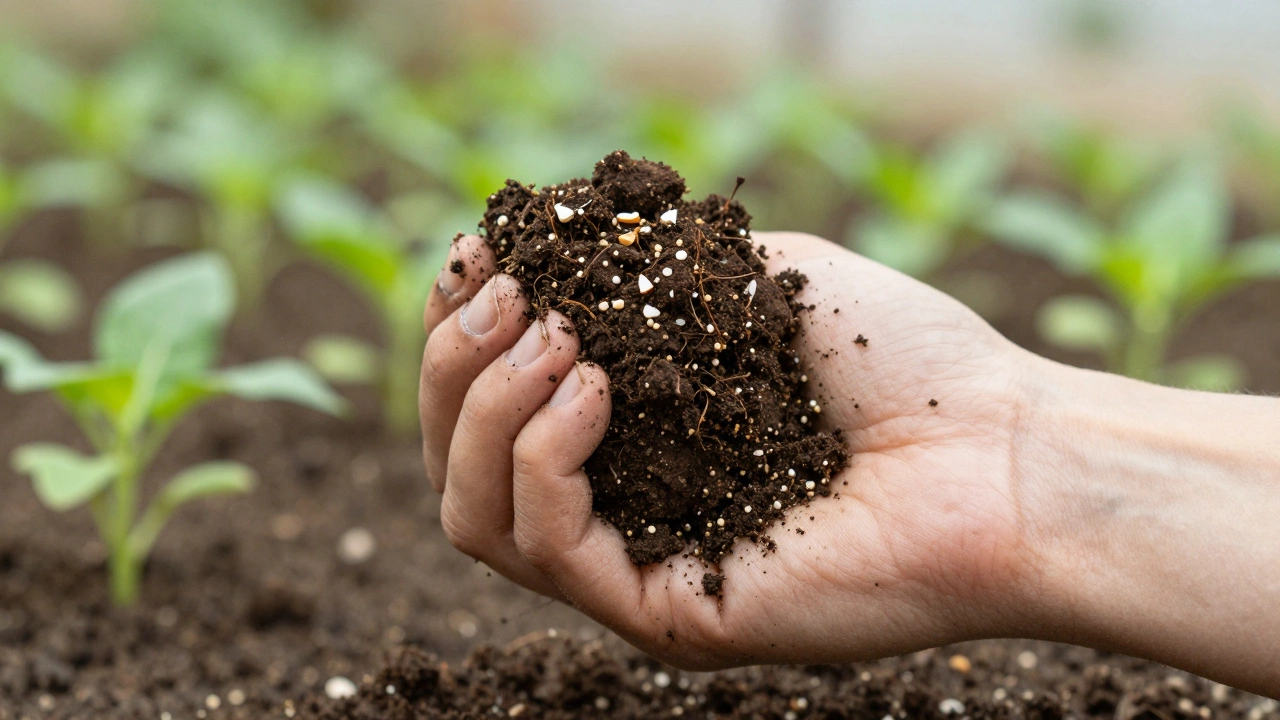 Hand squeezing moist topsoil that crumbles apart, with seedlings visible in the background.