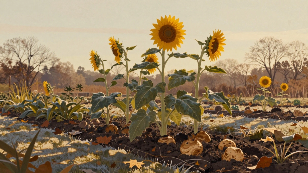 Jerusalem artichokes standing tall in an autumn garden with frost on the soil.