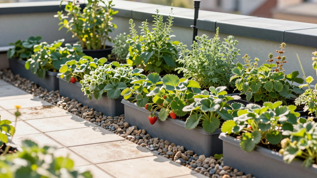 Lush terrace garden with planters on gravel and drainage mat, no water damage visible below.