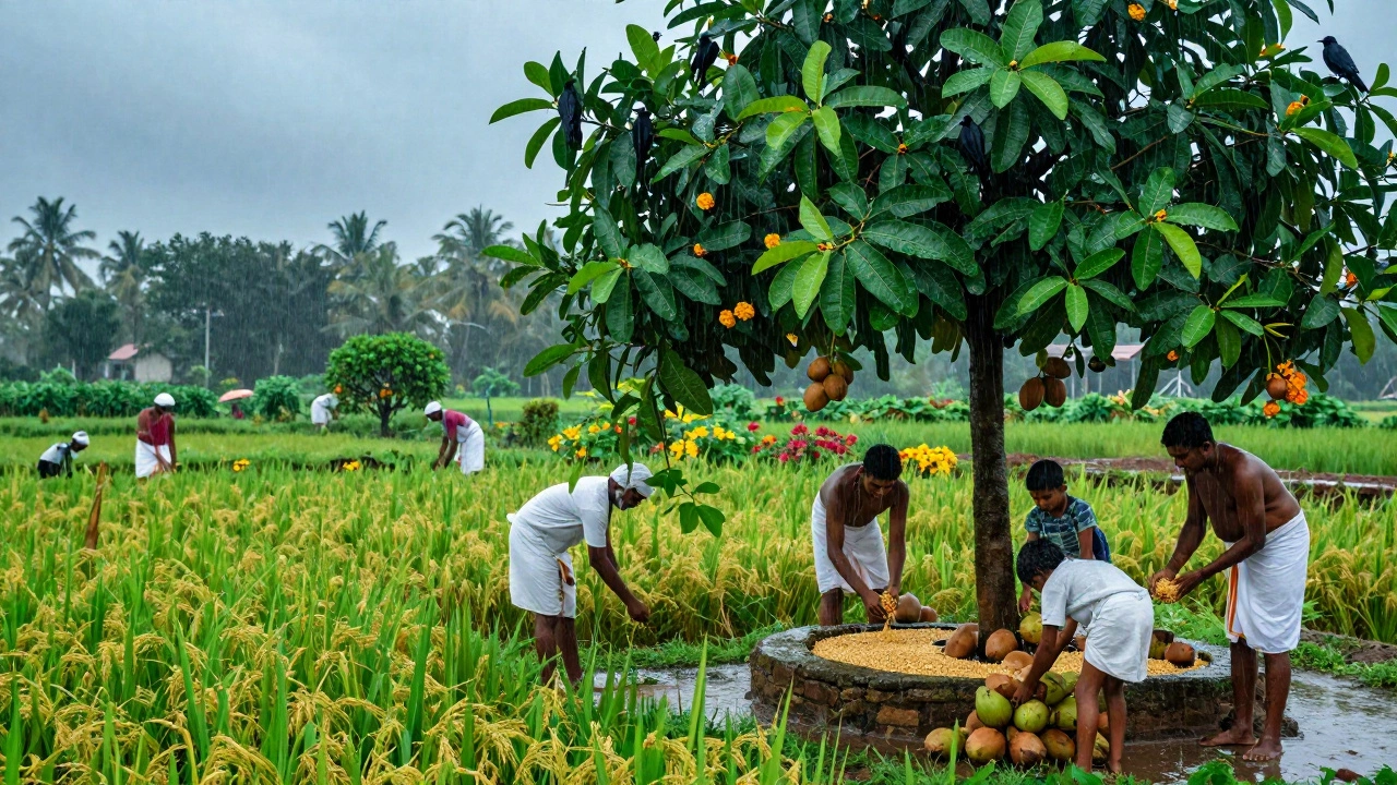 Monsoon garden in Kerala with rice fields, tulsi altar, and farmers planting lentils under rain beside a neem tree.