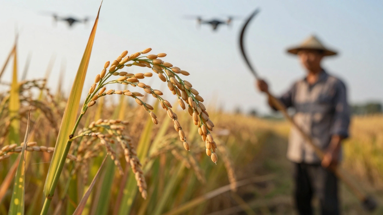 Rice panicle shedding grains in wind as farmer and drone appear in background