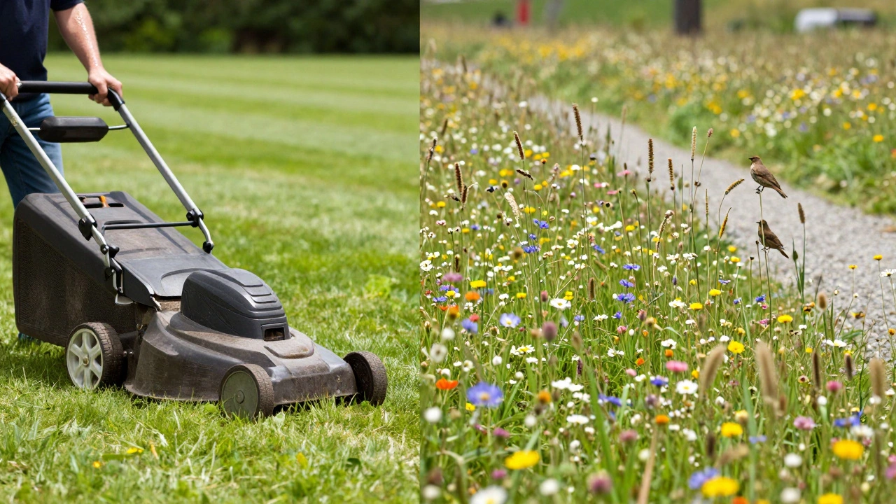 Side-by-side comparison: a tired lawn with a person mowing vs. a vibrant, wildlife-friendly meadow with no maintenance tools.