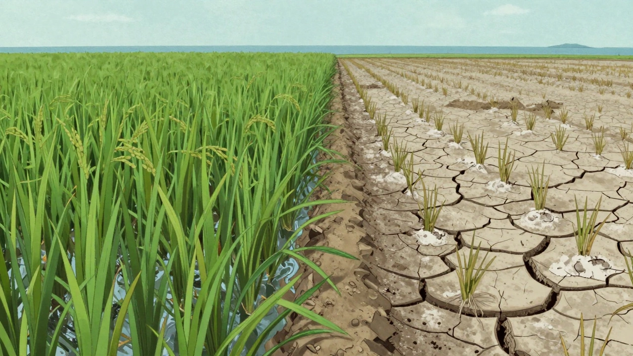 Split field showing healthy rice versus salt-damaged soil with withered plants