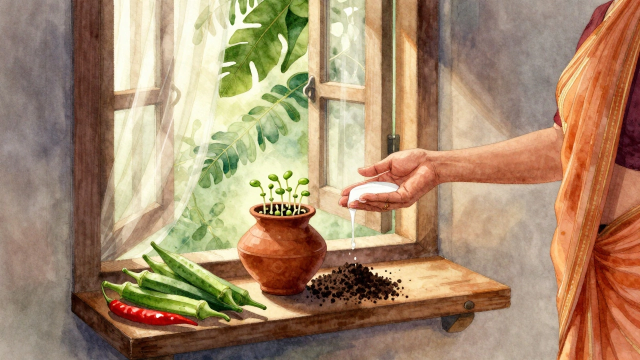 Sprouting beans in a clay pot by a kitchen window, surrounded by fresh vegetables and sunlight filtering through curtains.
