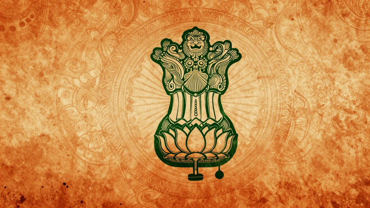 The Indian national emblem featuring a lotus base with lion capital and traditional carvings, rendered in warm earth tones.