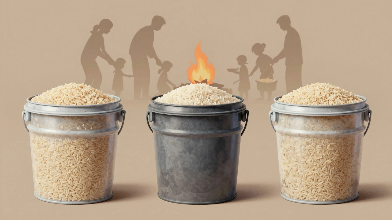 Three panels showing a rice bucket at 0, 10, and 25 years, symbolizing long-term storage success.