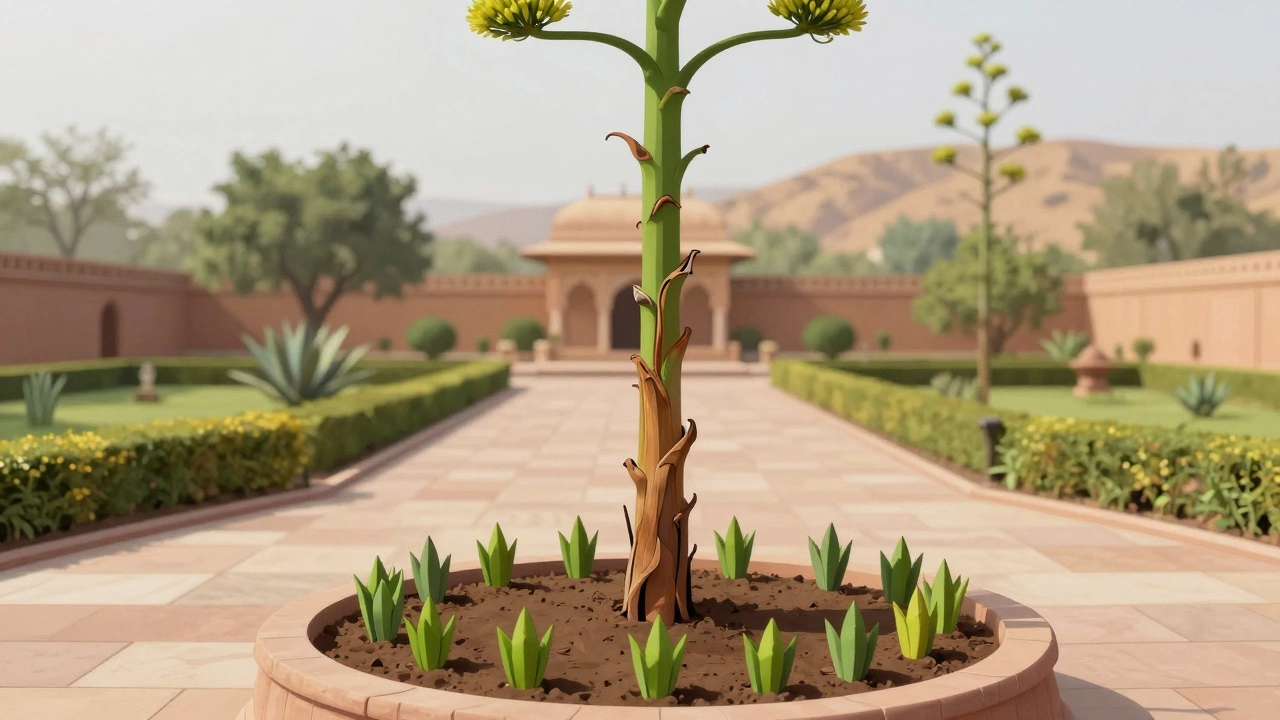 A dying century plant with new pups growing at its base in a traditional Indian garden.