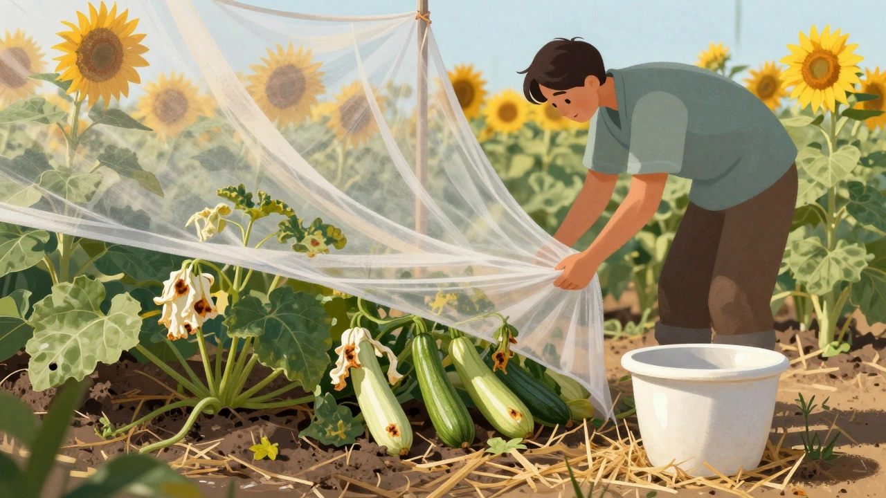 A gardener installing shade cloth over sun-damaged zucchini plants with mulch and trellis nearby.