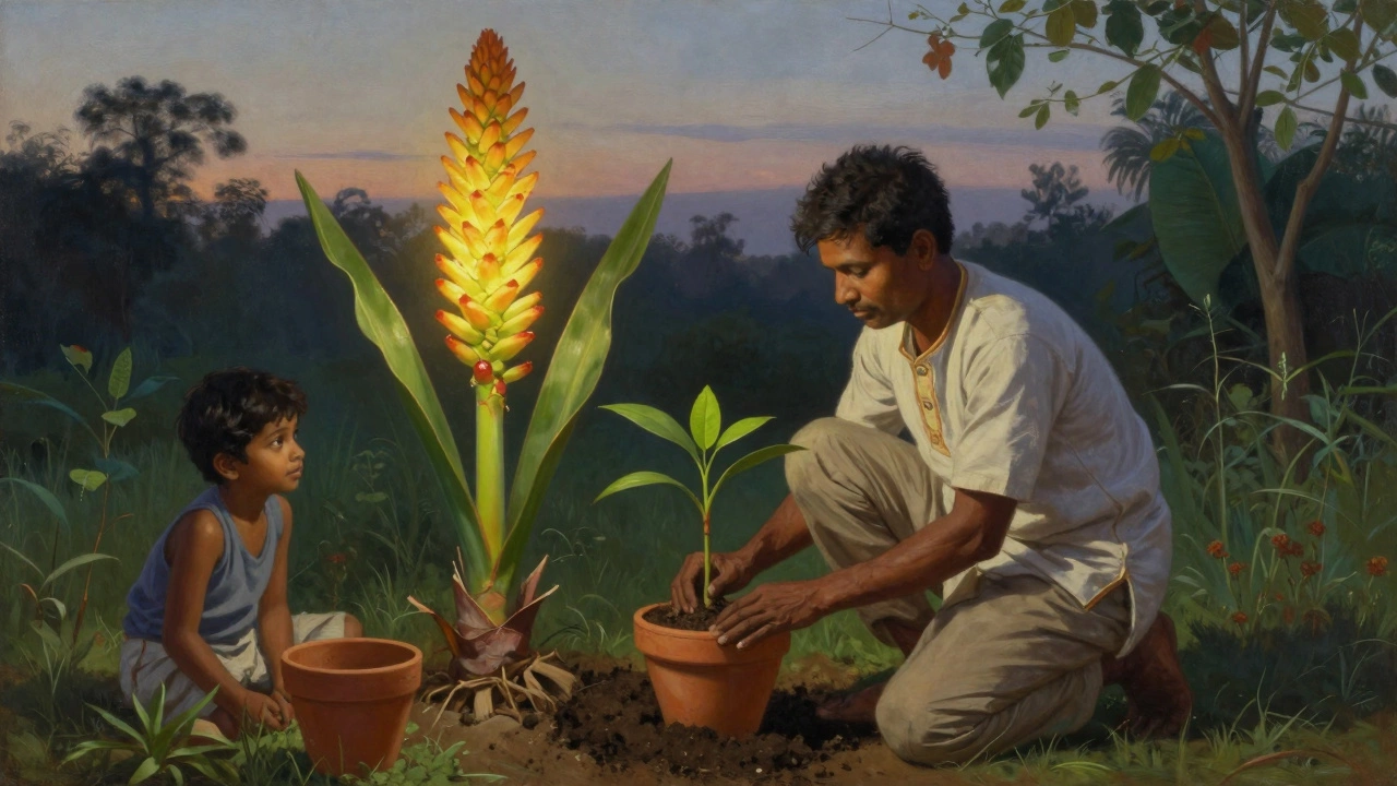 A gardener transplanting an agave pup at dusk as the massive flower blooms behind them.