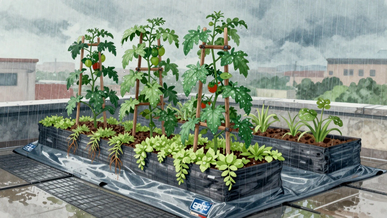 A layered rooftop garden system with soil, drainage, and root barrier, under rain, featuring climbing tomatoes and sedum.