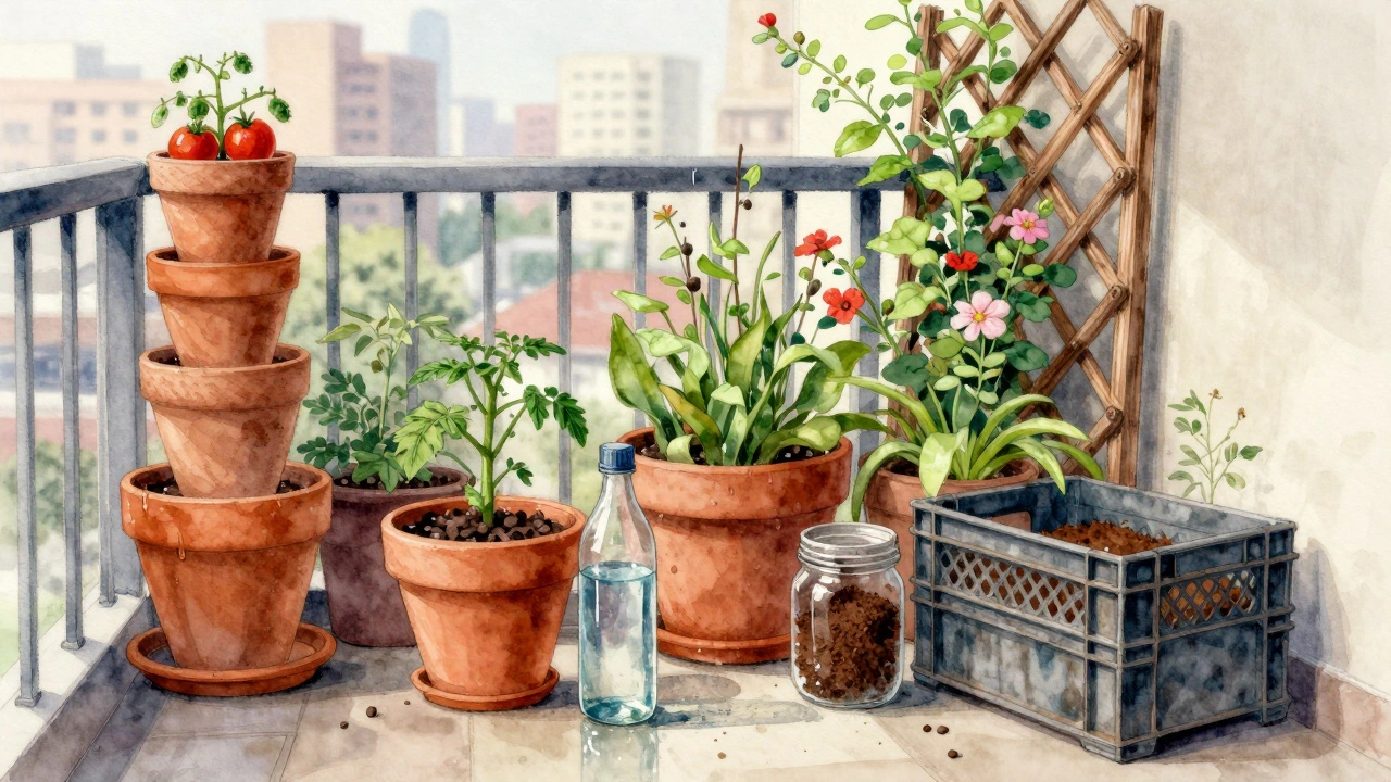 A small balcony garden with recycled pots, rainwater bottle, and coffee grounds for compost.