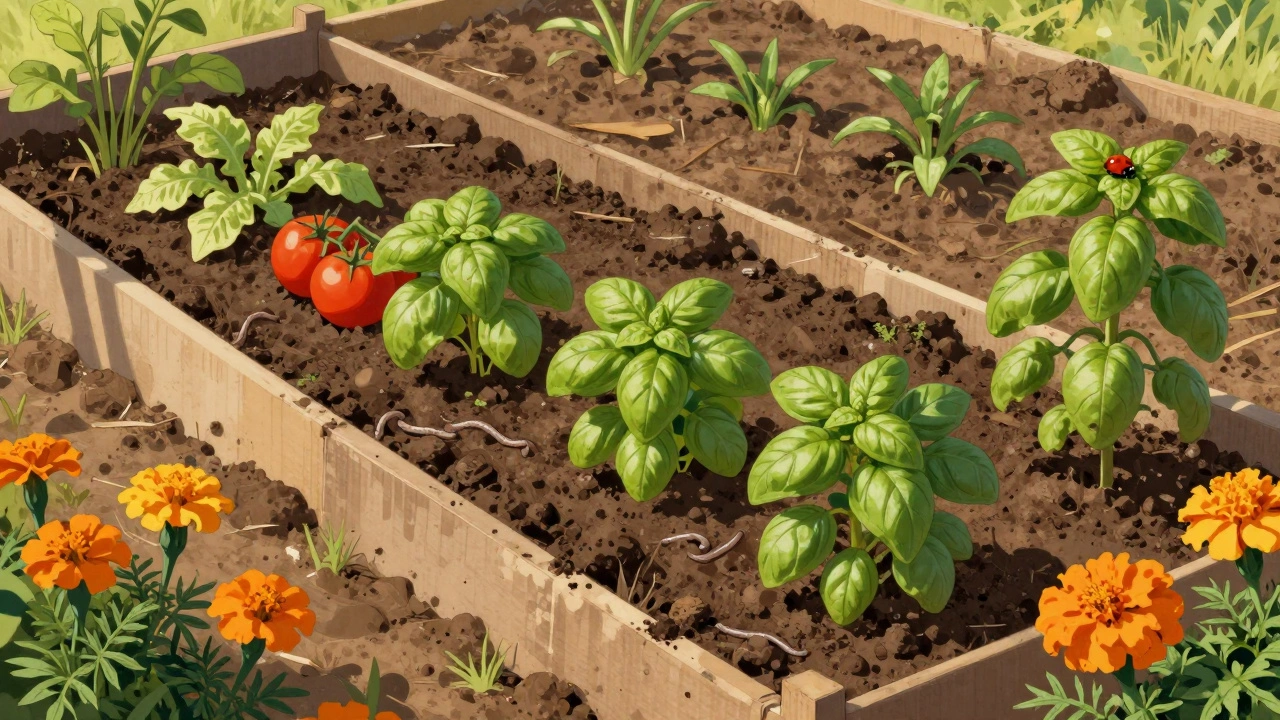 A thriving no-till vegetable bed with tomatoes, basil, and marigolds in layered compost.