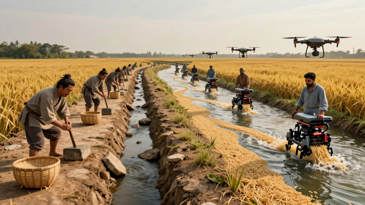 Ancient and modern rice farming methods connected by flowing grains