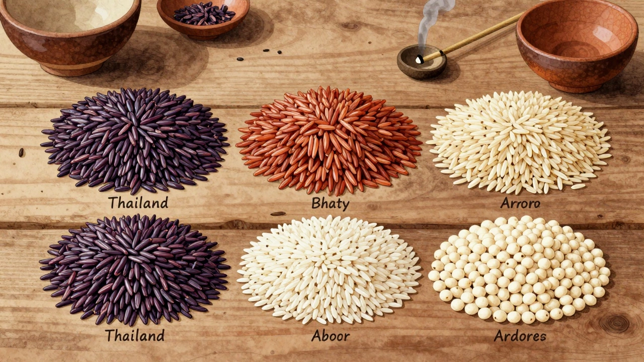 Colorful variety of rice grains arranged in a natural mosaic