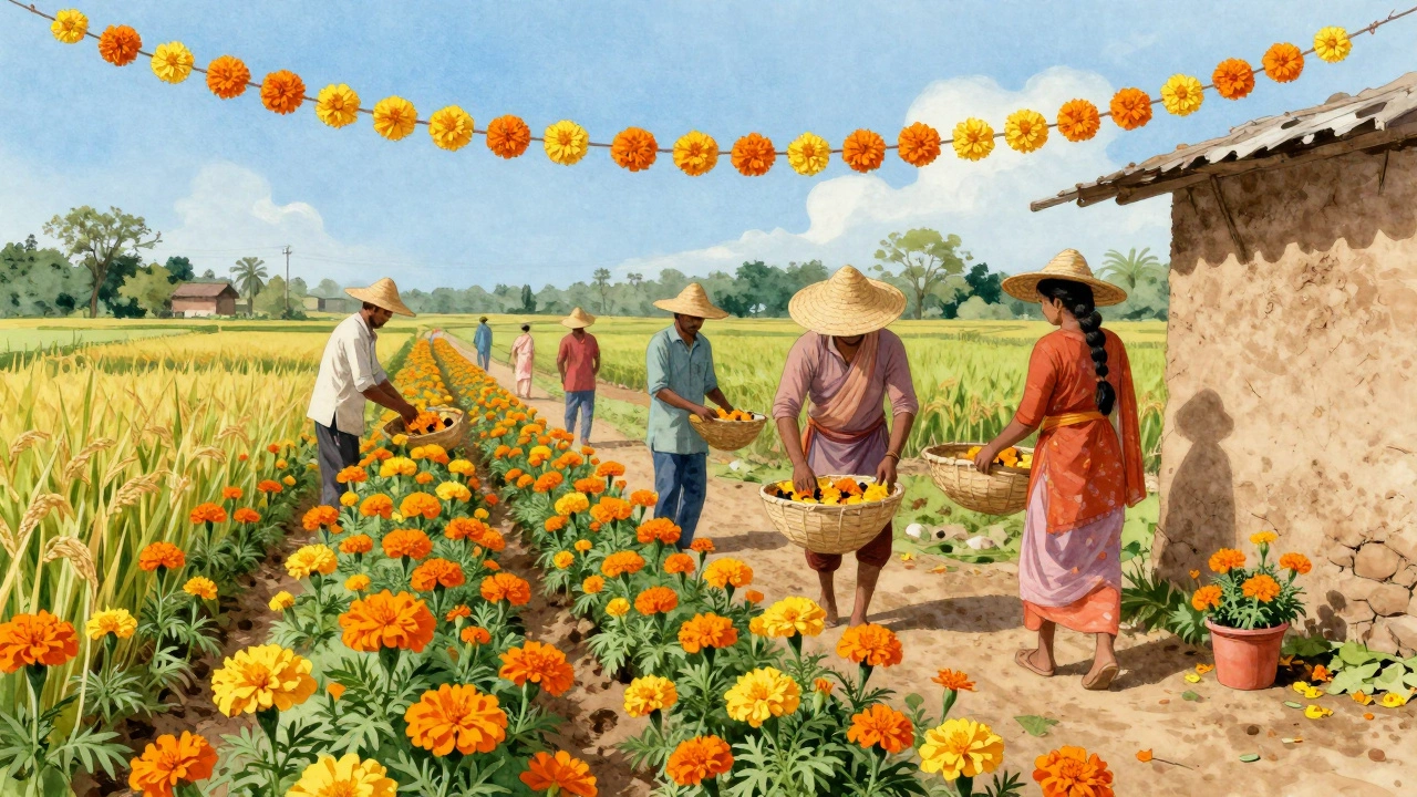 Farmers harvest marigolds between rice fields in rural Andhra Pradesh.