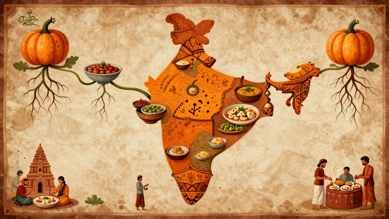 Pumpkin vine spreading across a map of India, showing regional dishes and cultural connections.