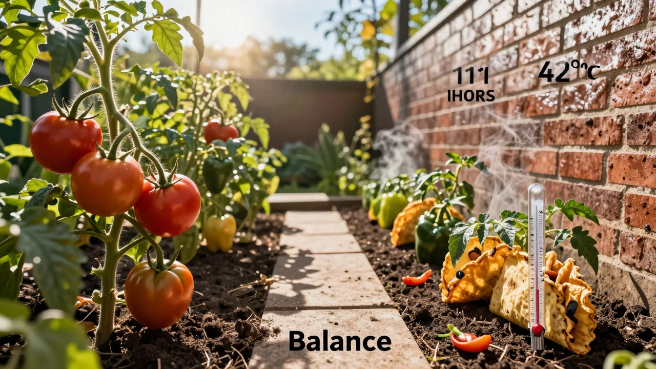 Split garden scene: healthy crops on left, heat-stressed plants on right with steaming soil.