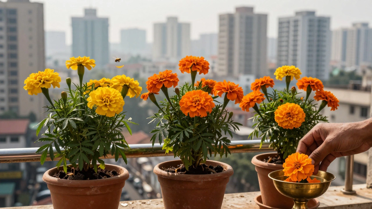 Urban balcony garden with marigolds thriving in pots against a city skyline.