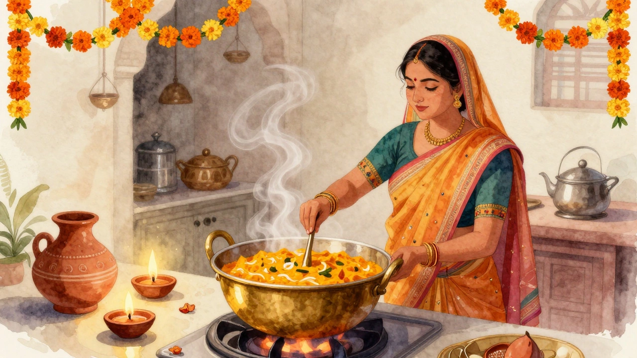 Woman cooking sweet pumpkin halwa in a traditional Indian kitchen during Diwali.