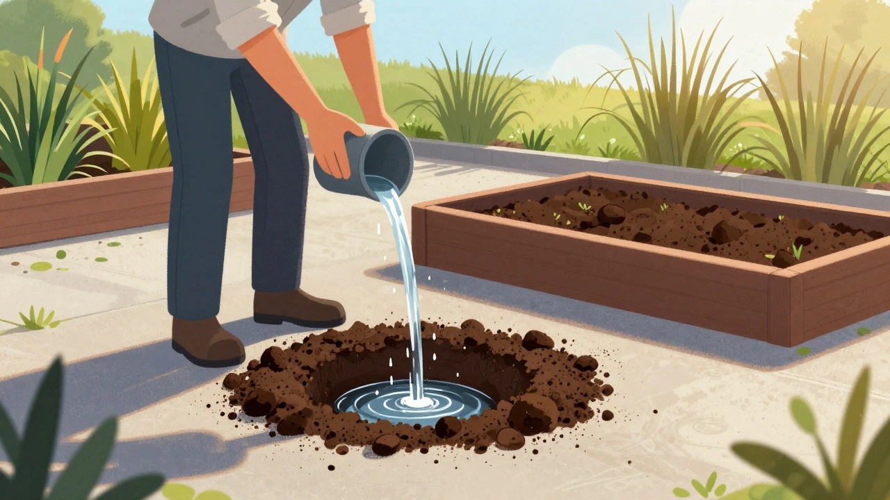 A gardener testing soil drainage with water sinking quickly into rich loam, beside a raised bed on concrete.