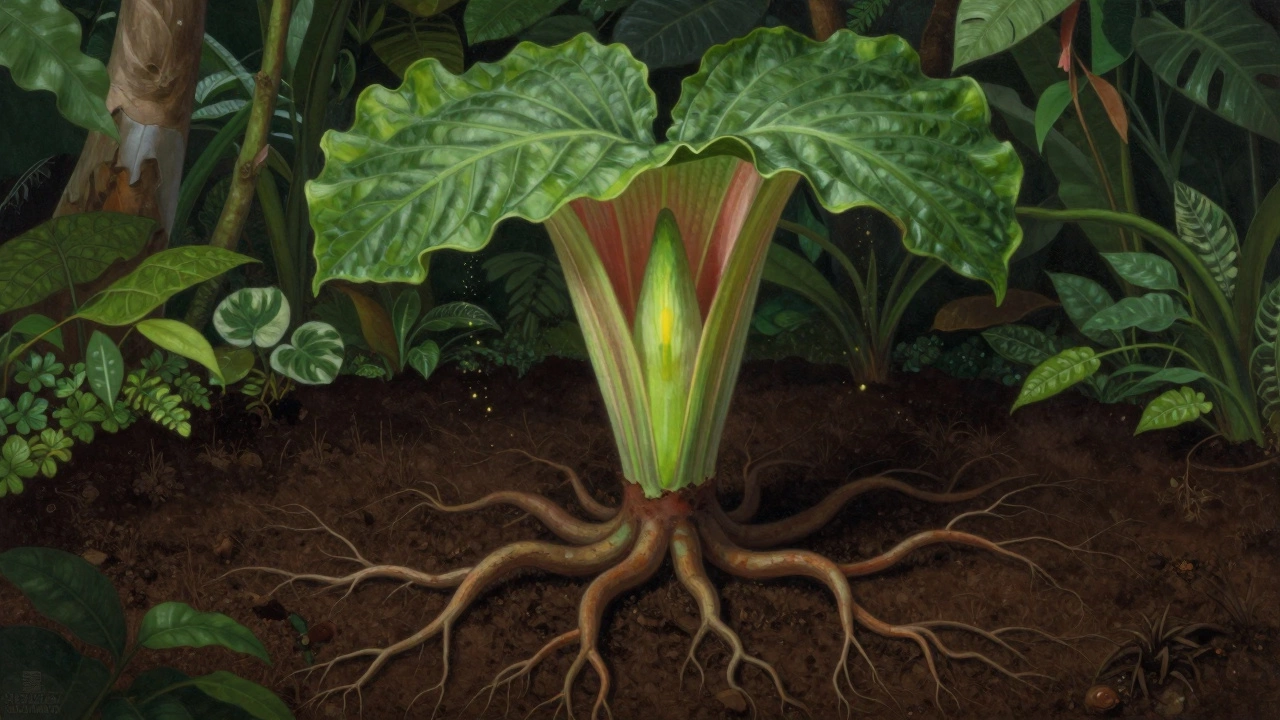 A massive corpse flower tuber underground with a giant leaf rising above, symbolizing its long life cycle.