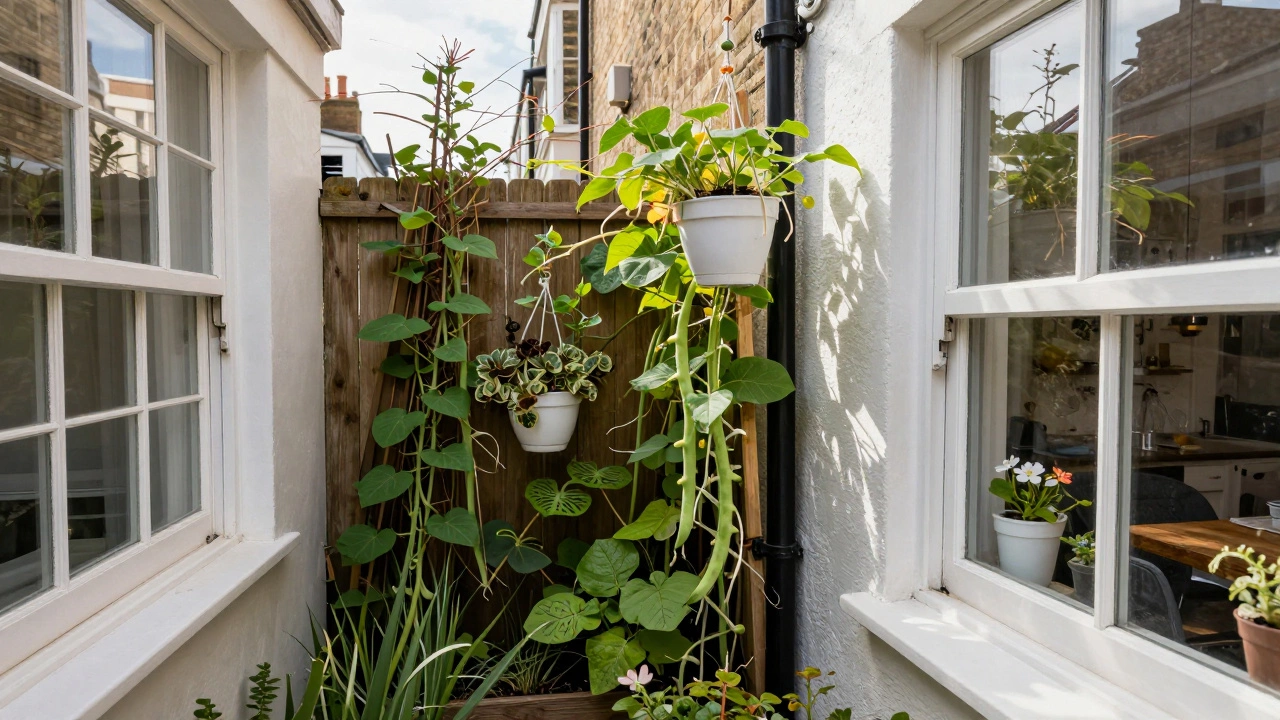A narrow vertical garden along a wall, visible from a kitchen window, with plants lit by reflected sunlight.