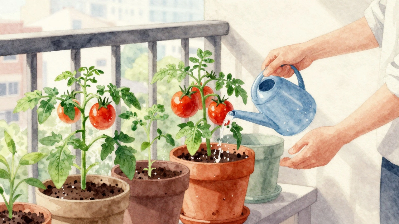 Balcony garden with potted tomato plants being watered