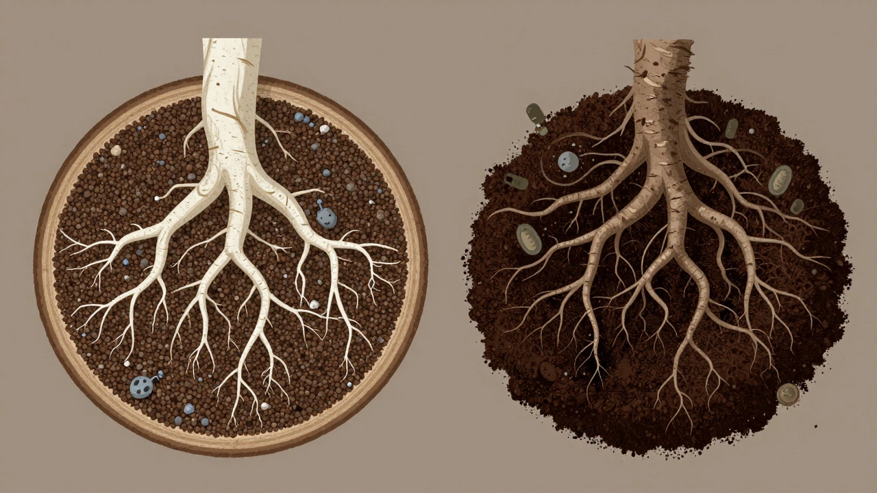 Cross-section of bonsai roots: healthy vs. rotting from coffee grounds compaction.