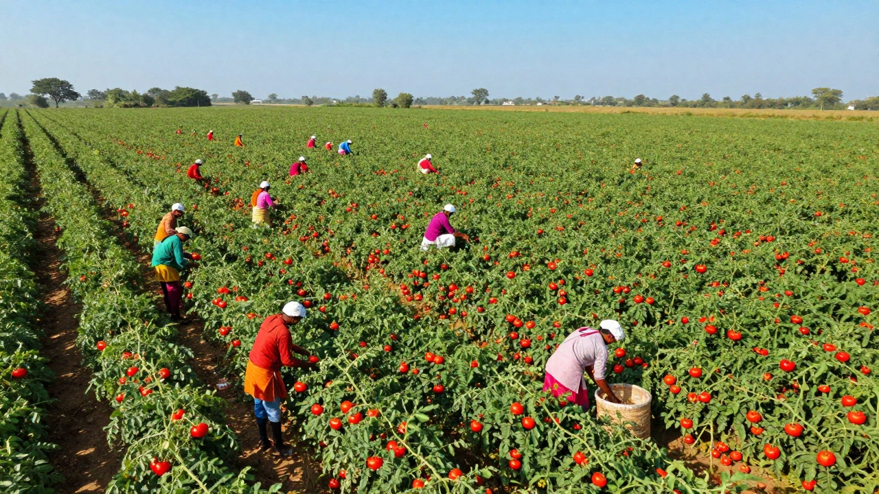 Farmers harvesting tomatoes in Maharashtra fields
