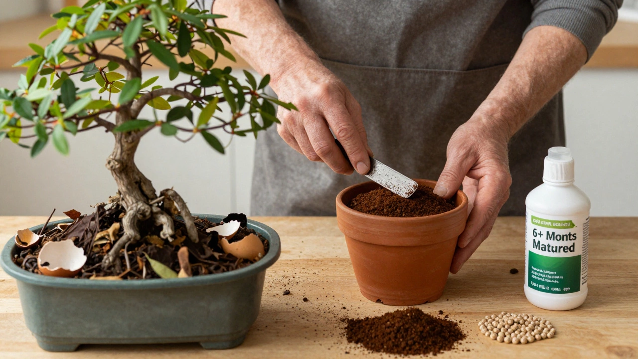 Gardener removing coffee grounds, replacing with proper compost and fertilizer.