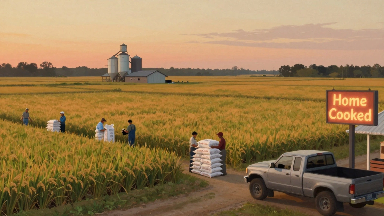 Golden rice field in Arkansas with a local mill and diner sign in the background.