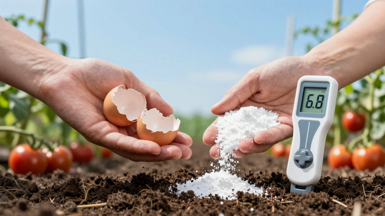 Hands holding crushed eggshells versus agricultural lime, with a pH meter showing soil acidity.
